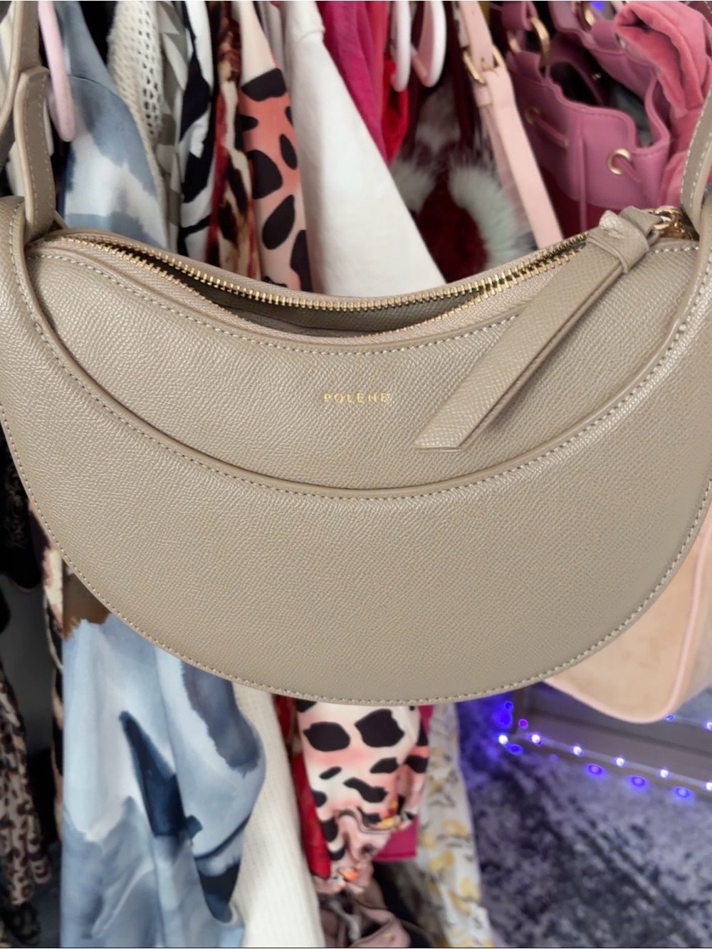 Polène taupe textured crescent shoulder bag